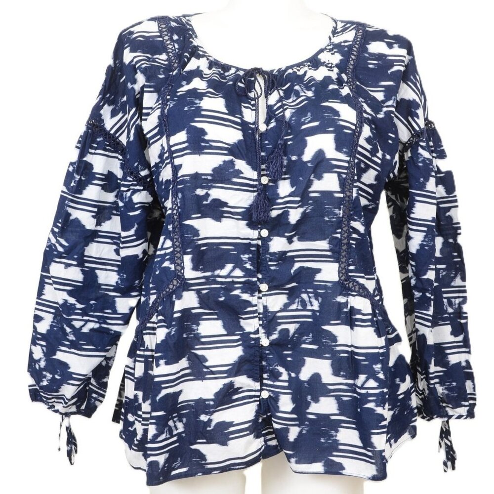 LANE BRYANT PLUS 14/16 Navy White Lace Tassel Tie Peasant Boho Buttons Blouse